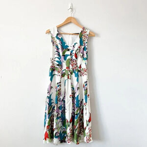 Yaly Couture 100% Silk V Neck Floral Leaf  Fit & Flare Dress